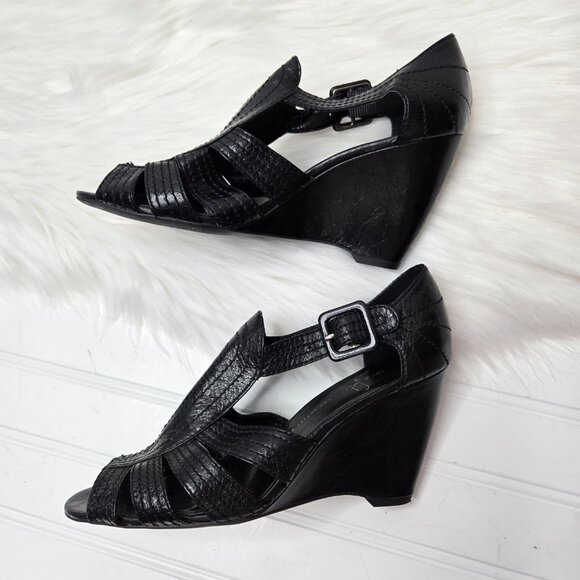Franco Sarto Women's Size 7 M Black Leather Wedge Sandals Heels Peep Toe Buckle - Picture 2 of 11